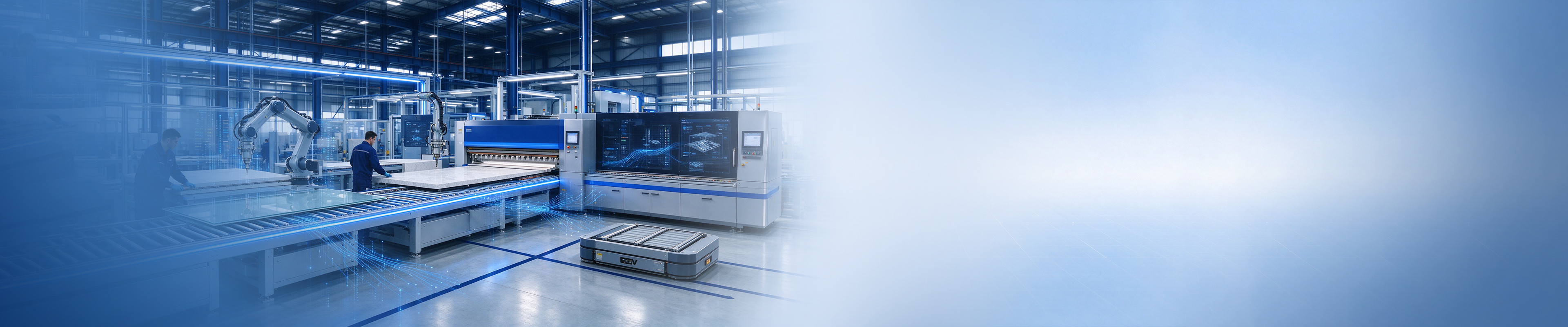 Glass processing line with robotic arms, a roller conveyor, an edge grinding machine and an RGV transfer cart